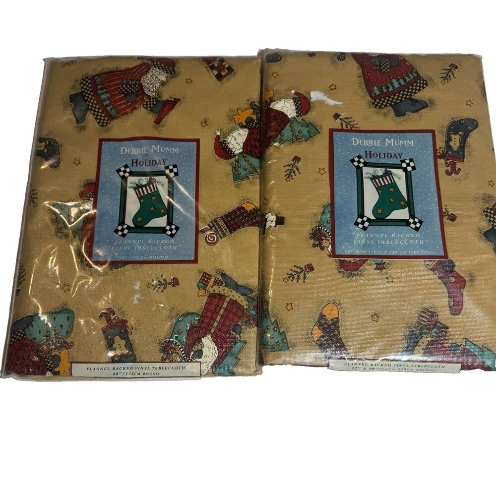 Set of 2 NEW Debbie Mumm Magic Of Santa Vinyl Tablecloth 60" Round + 52" x 90"